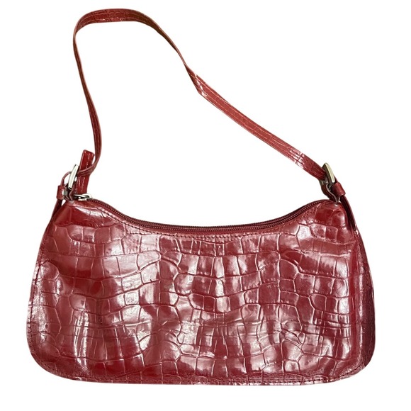 Vintage Style Burgundy Faux Croc Embossed Baguette Shoulder Bag Red Y2K Purse - Picture 1 of 8